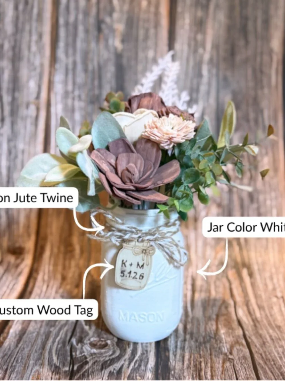 Sola Wood Brown Red Wedding Floral Table Centerpieces Set of 3 Mason Jar Decor